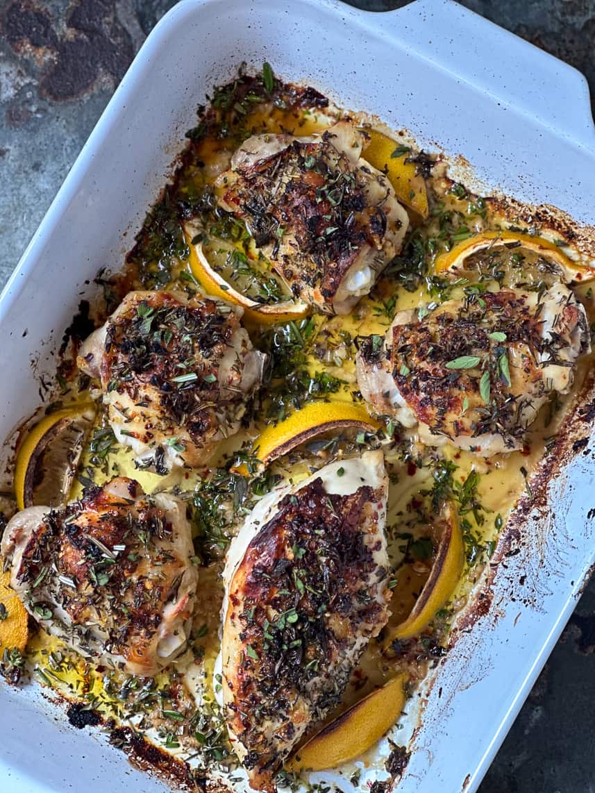 Lemon and herb roasted chicken thighs.