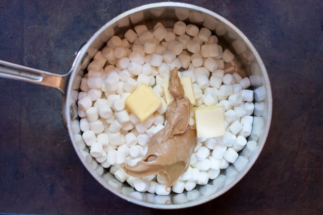 Marshmallows, butter, and peanut butter in the pot