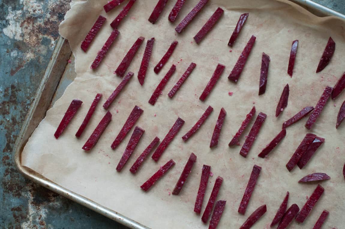 Matchstick beets on baking sheet