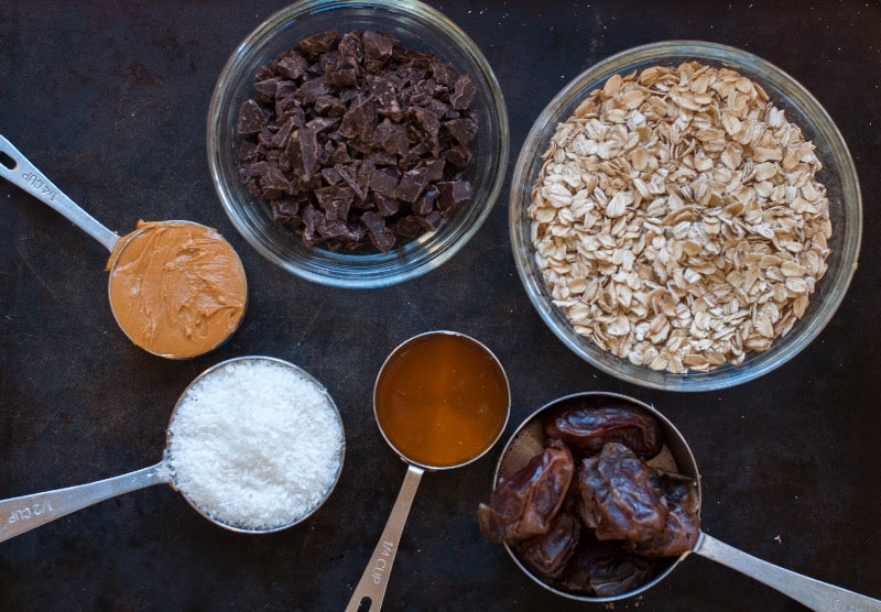 Measured out ingredients for no bake dark chocolate peanut butter granola bars