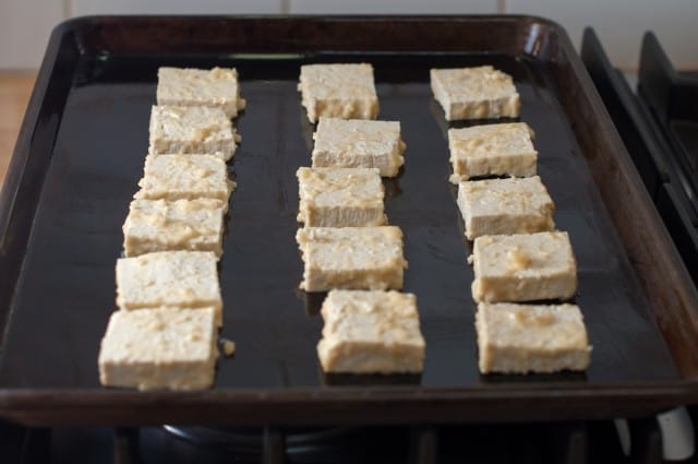 Tofu on baking sheet