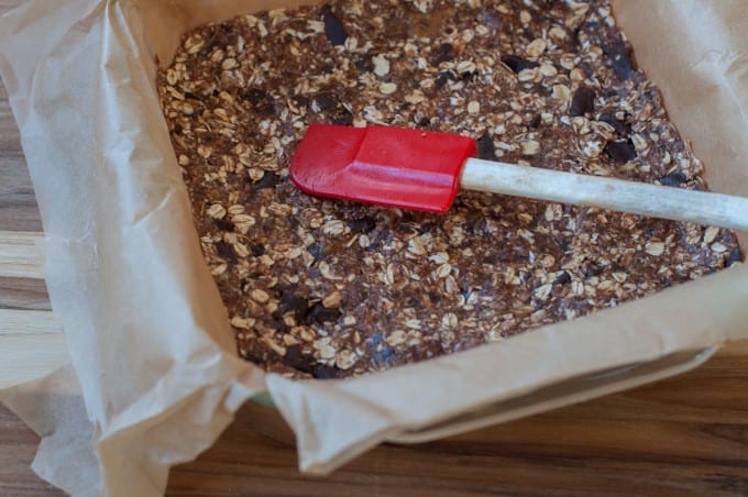 No bake granola bars pressed into the pan