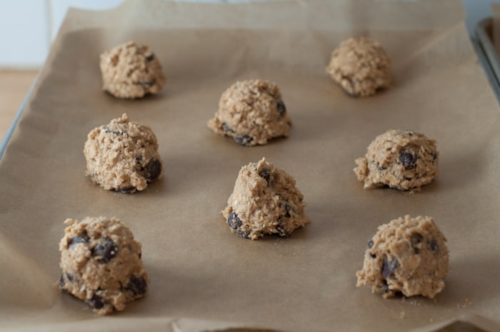 Oatmeal chocolate cookies on the baking sheet