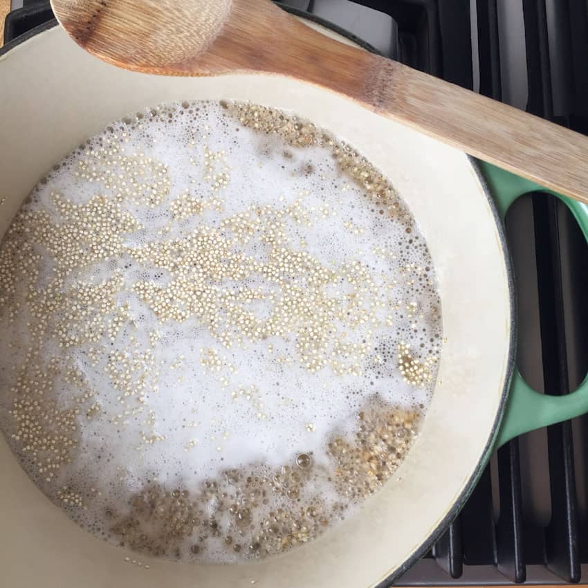 Oats and quinoa boiling in a pot on the stove