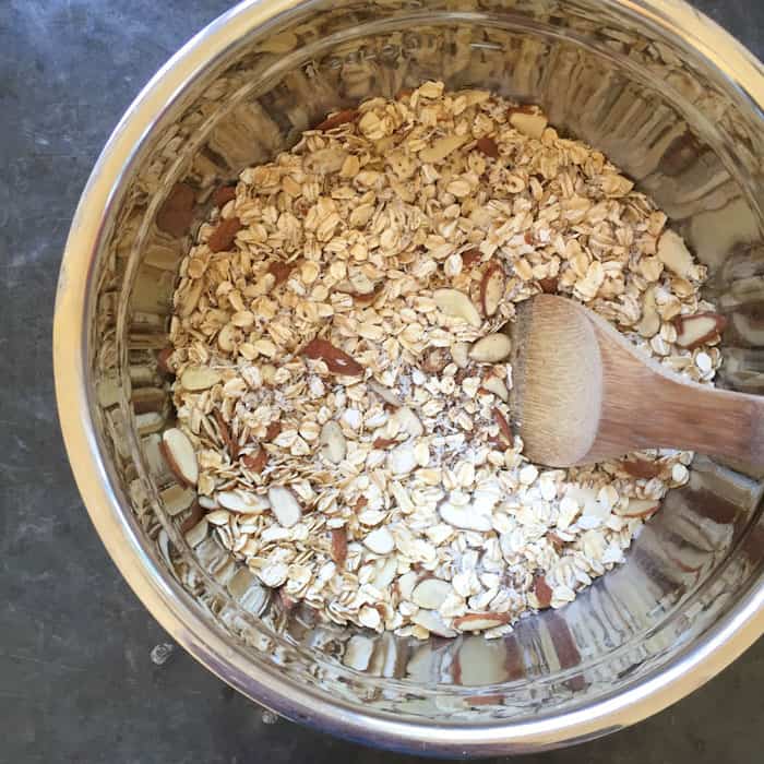 Oats mixed with coconut almonds and flax seeds