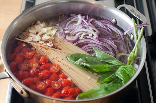 One pan pasta ingredients in pot