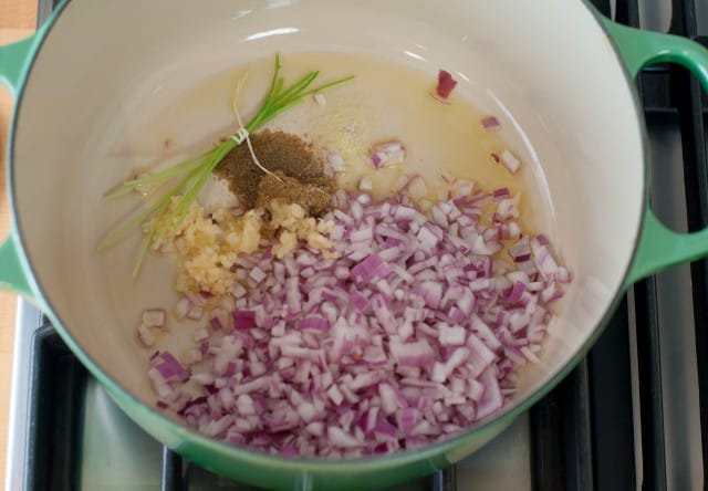 Onion garlic cilantro in a pot