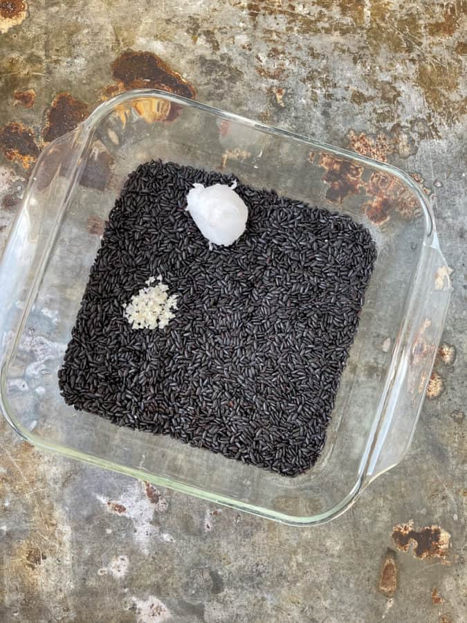 Oven baked forbidden black rice with coconut oil and salt