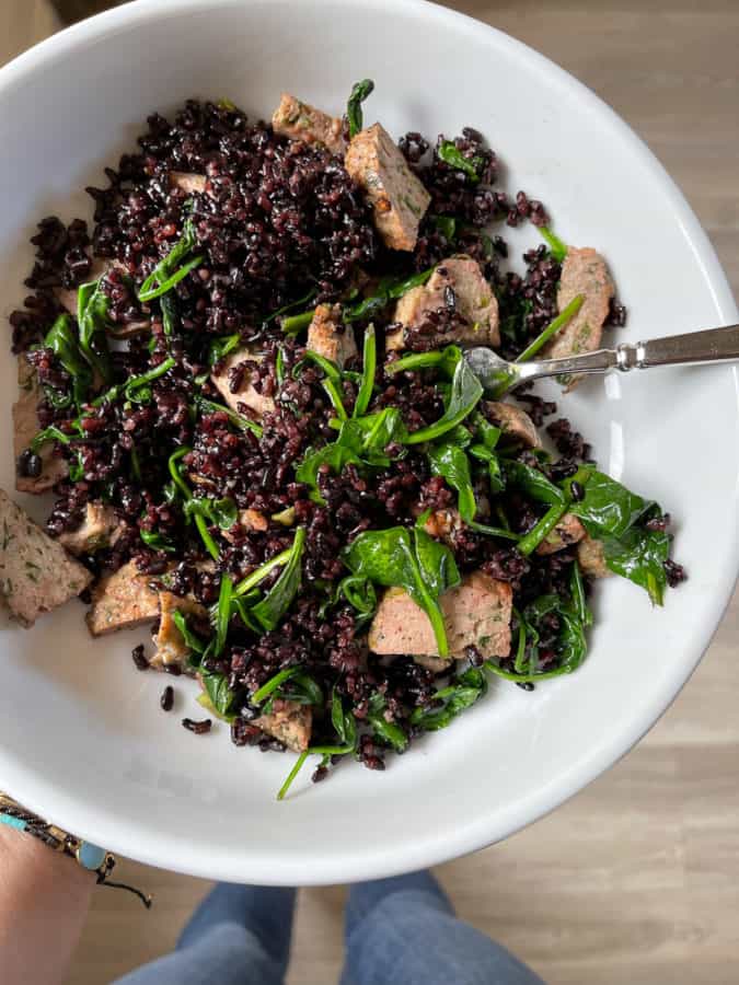 Oven baked forbidden black rice with spinach and turkey