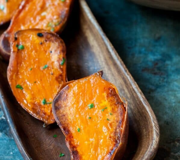 Oven roasted sweet potato halves.