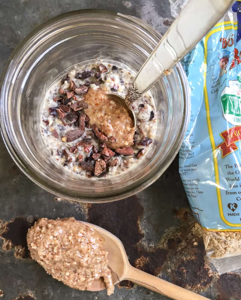 overnight refrigerator oats with almond butter and cacao nibs 1