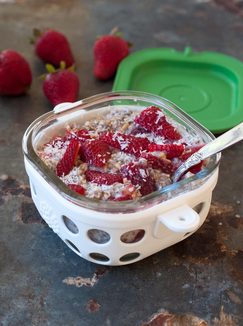 overnight refrigerator steel cut oats with chia and strawberries Lifefactory storage container
