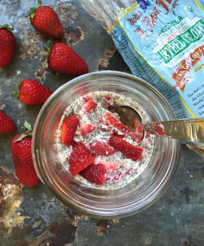 overnight oats in jar with strawberries