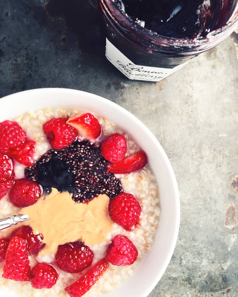 Overnight steel cut oats with peanut butter and jelly Marin mama