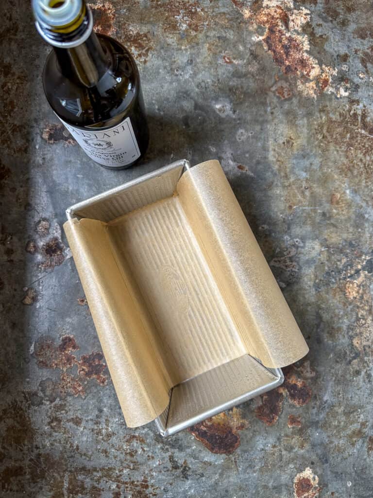 Parchment sling in bread pan.