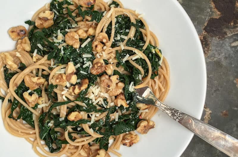 Pasta with kale, lemon, and toasted walnuts