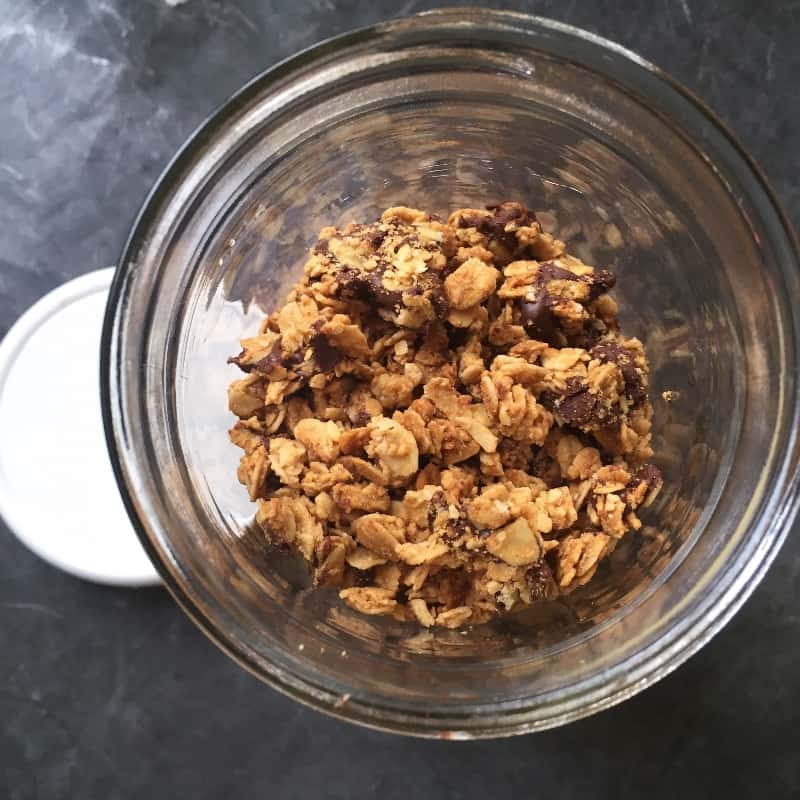 Peanut butter chocolate chip granola in a mason jar