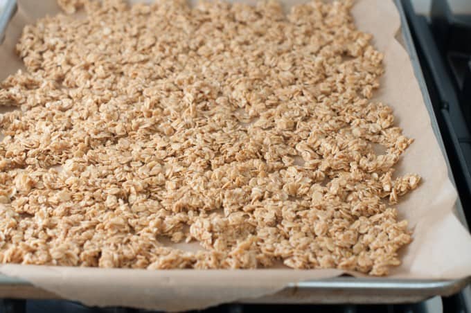 Peanut butter granola on the baking sheet