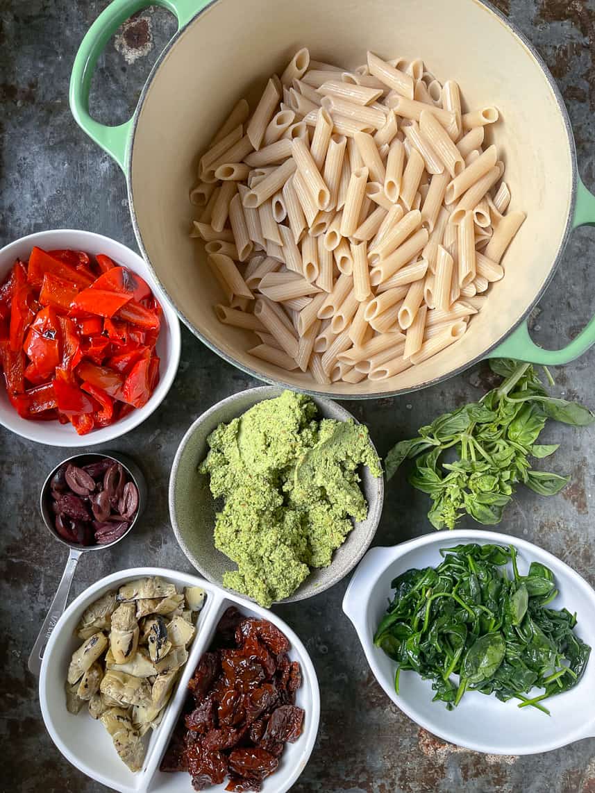 prepped ingredients for almond pesto pasta.