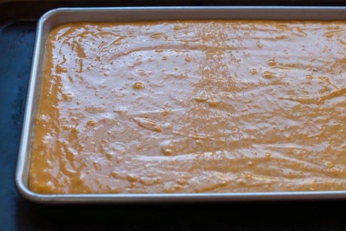 pumpkin cake batter in the pan