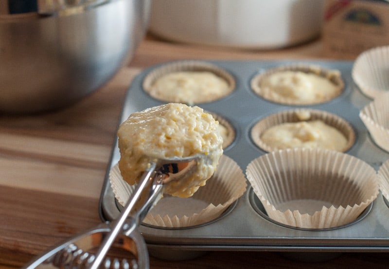 Corn muffin batter in a scoop