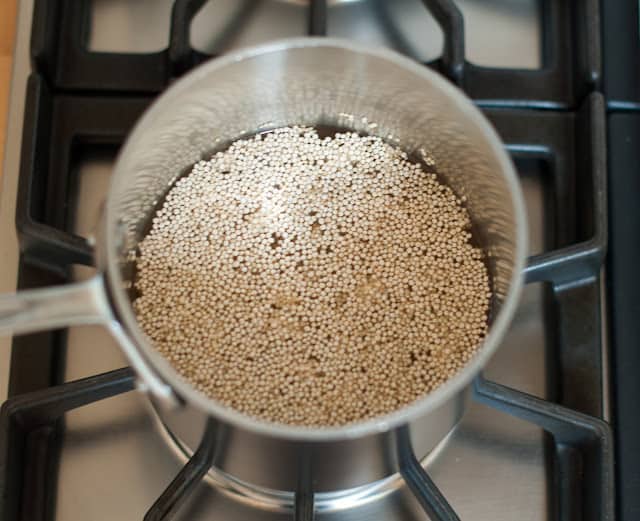 Quinoa and liquid in pot