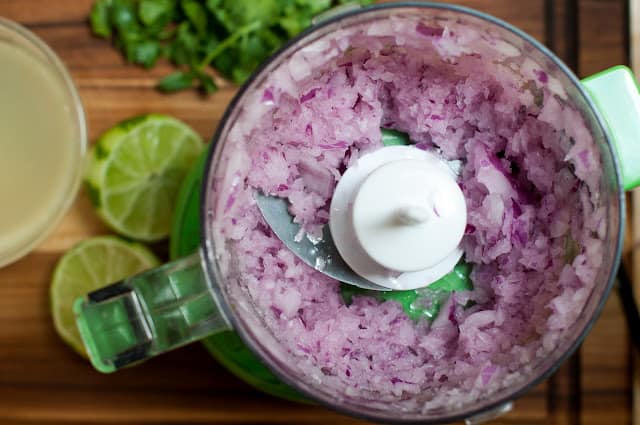 Chopped red onion in food processor
