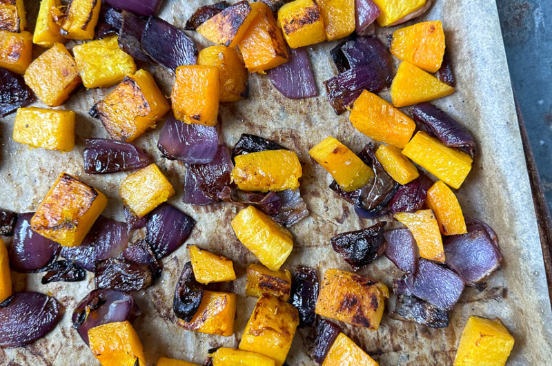 Roasted butternut squash and red onion.