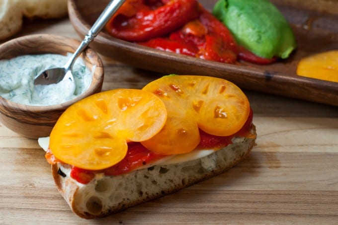 roasted red peppers and tomato on ciabatta bread