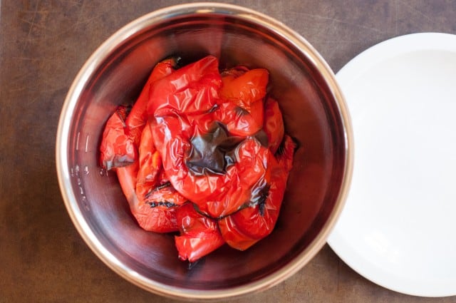 Roasted red peppers in bowl