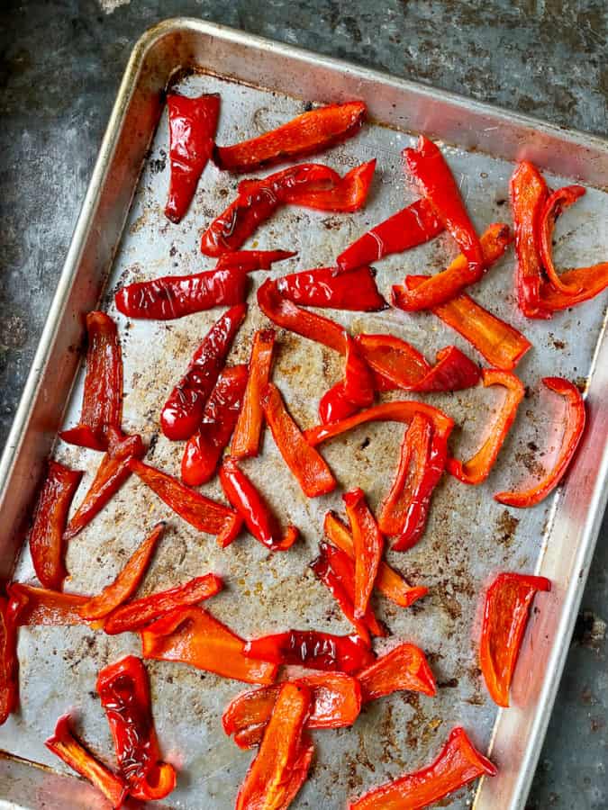 Roasted red peppers in sheet pan