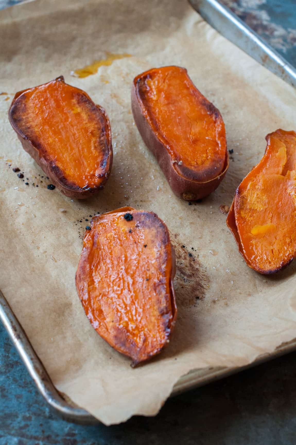 Roasted sweet potatoes out of the oven