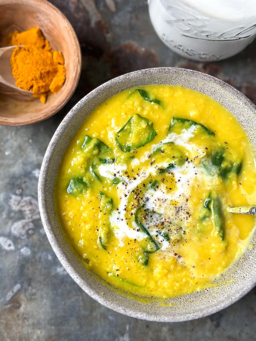 Simple red lentil and turmeric soup.
