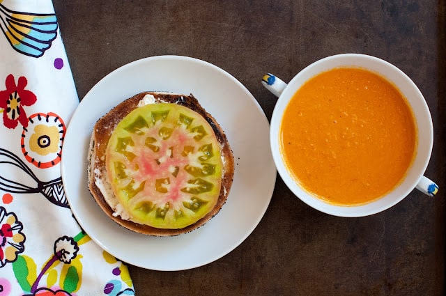 Heirloom tomato soup with bagel