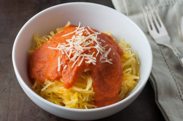 Spaghetti squash with sauce in bowl