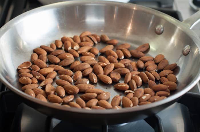 Toasted almonds in a pan