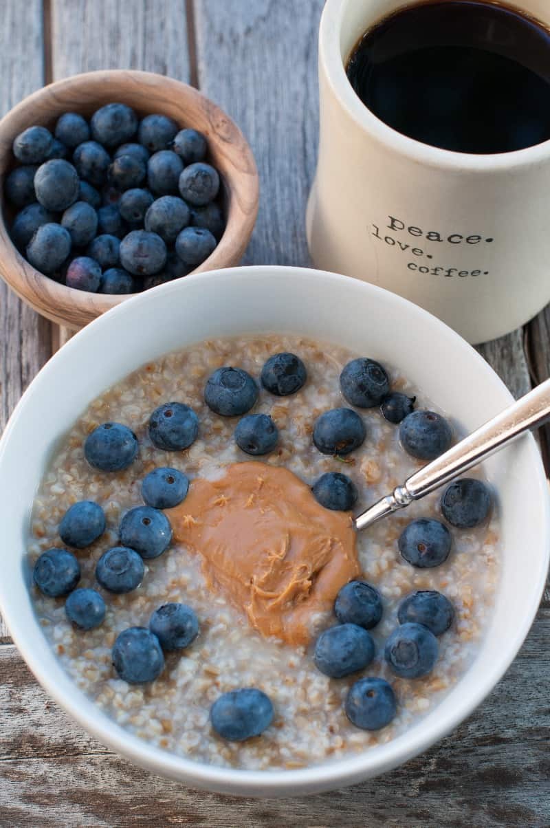 Overnight steel cut oats with peanut butter and blueberries