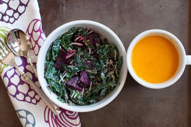 Tomato soup with kale salad