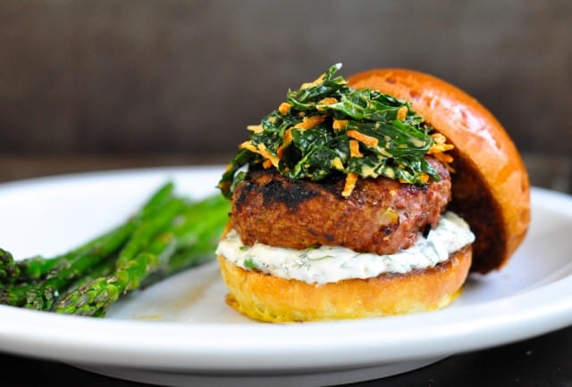 turkey burgers with cilantro lime mayonnaise and kale slaw