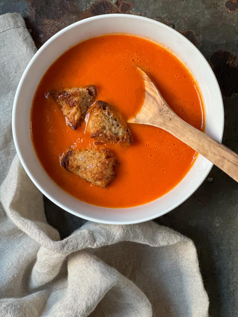 Vegan roasted red pepper and tomato soup.