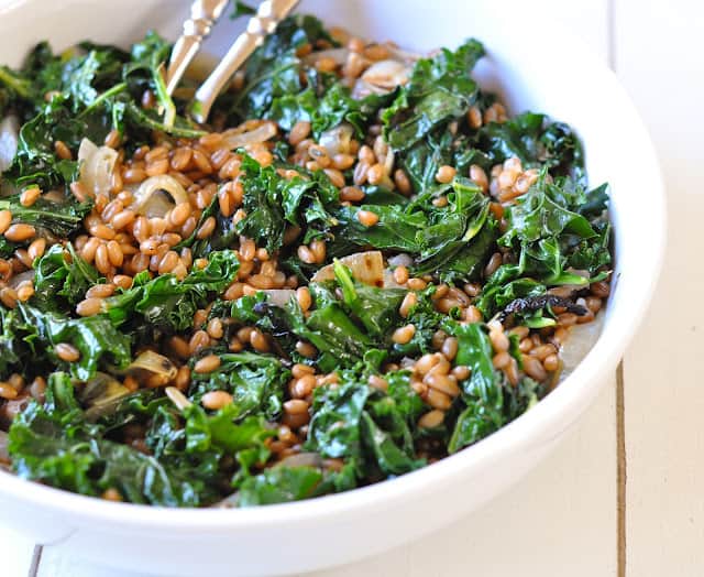 Wheat berries with charred onion and kale